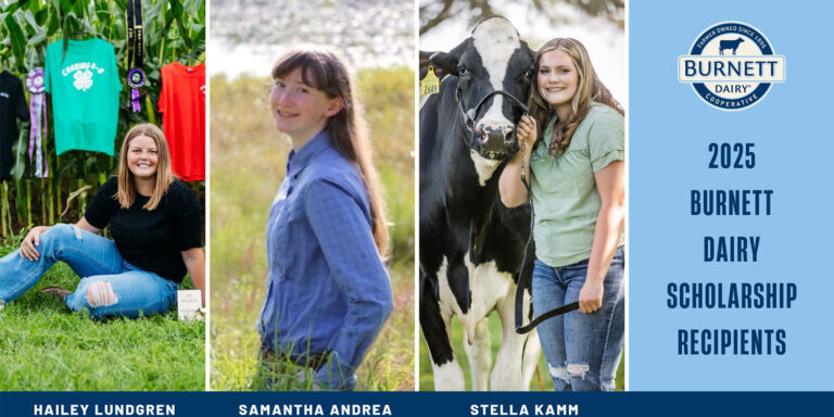2025 Burnett Dairy Scholarship Recipients: Hailey Lundgren of Grantsburg, Samantha Andrea of Siren, and Stella Kamm of Baldwin/Woodville