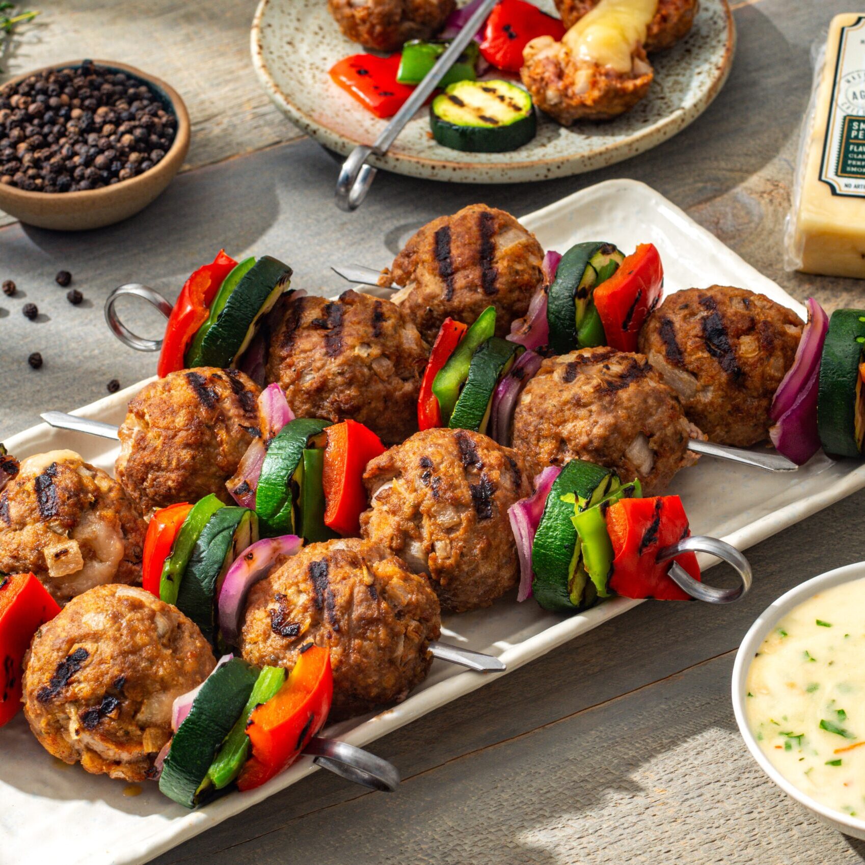 Smokey Cheese–Stuffed Meatball Skewers